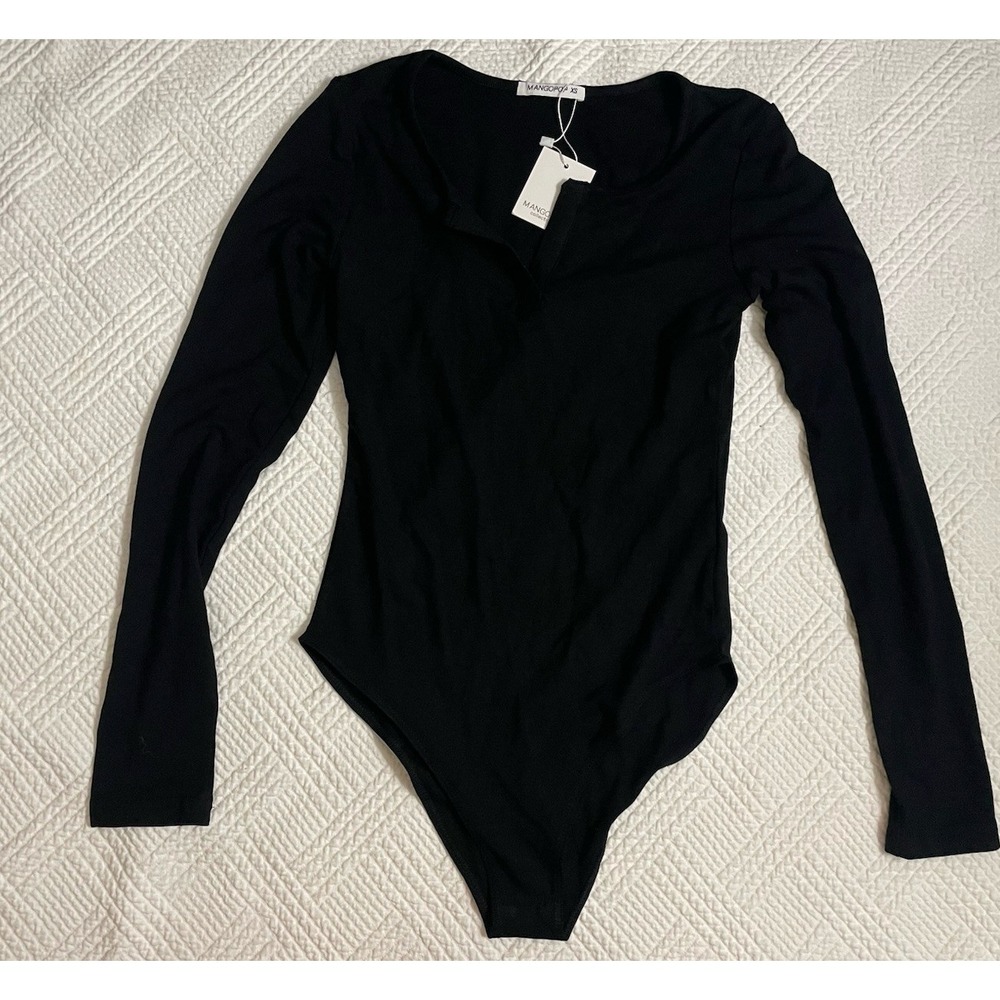 MangoPop Women's Bodysuit Long Sleeve Round Neck W/ V Opening Black XS NEW NWT